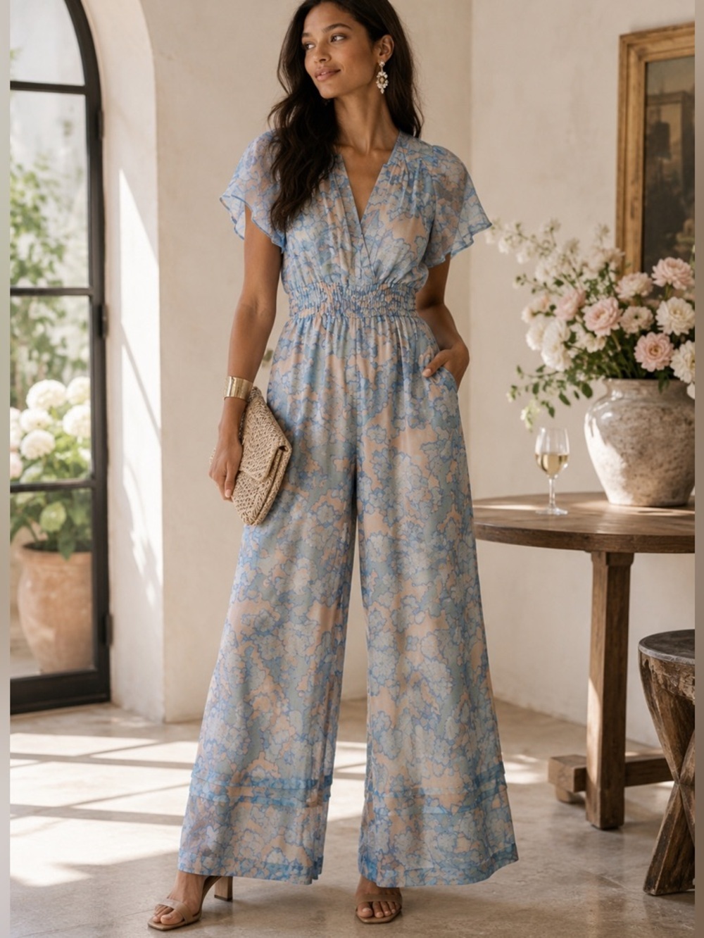 Anthropologie Somerset Jumpsuit Blue Blush Floral Organza Women’s Wide Leg Sz XS